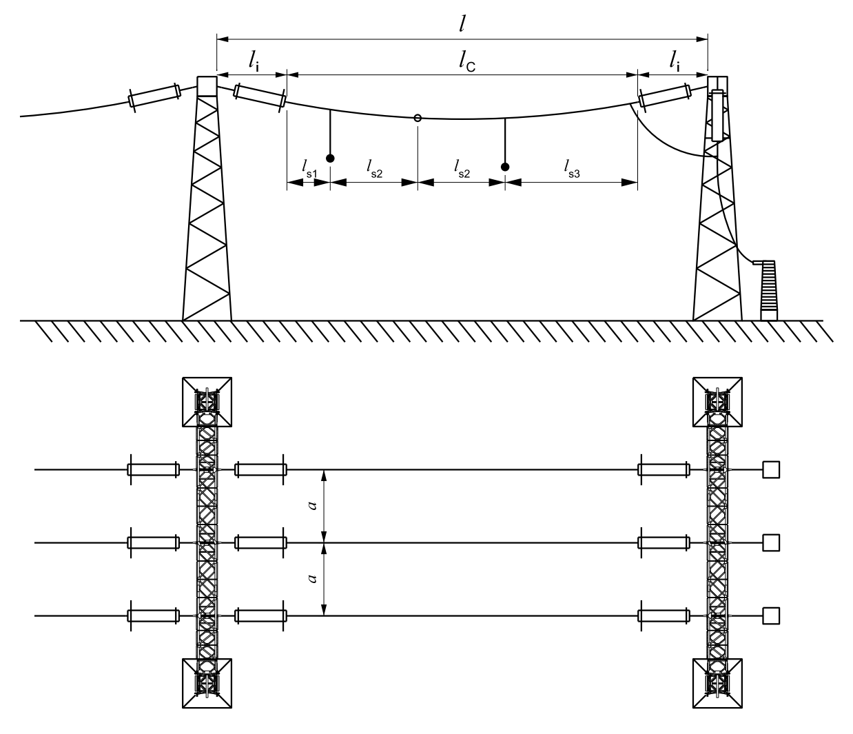 IEC TR 60865-2:2015, Example 5 — arrangement with strained conductors: side elevation (above) and plan view (below).